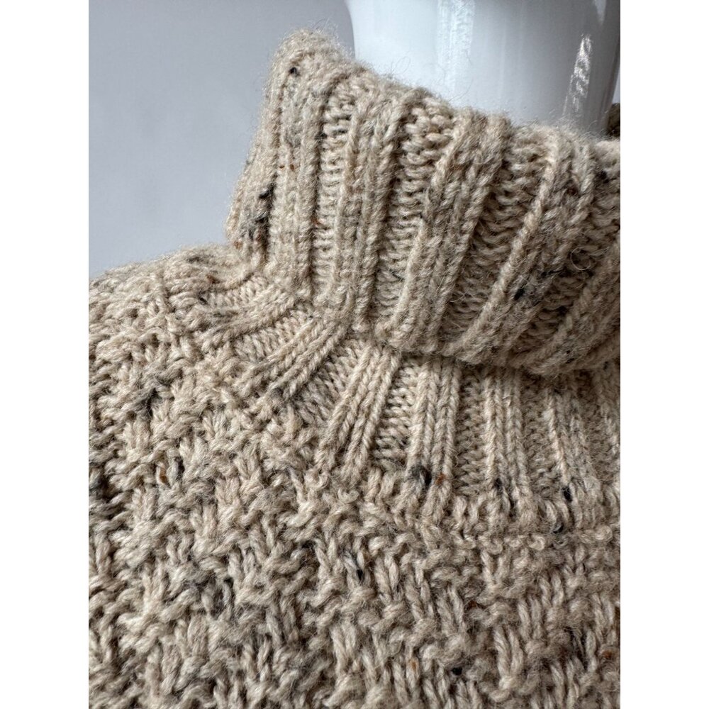 Vintage 80s Beige Chunky Knit Wool Turtleneck Sweater Textured Ribbed Long Sleev - Picture 3 of 12